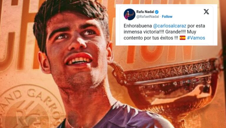 Rafael Nadal congratula Carlos Alcaraz dopo la vittoria a Roland Garros
