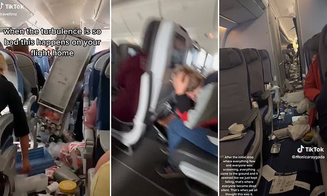 SHAKES on a plane! Passengers share videos of their most TERRIFYING turbulence experiences – from crashing drink carts to sudden nose dives… and they’re enough to put you off flying for good